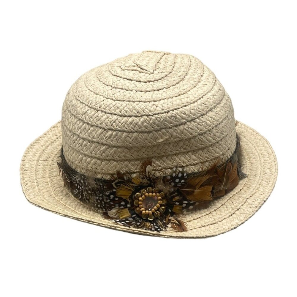 pins and needles straw hat feather bead embellished taille unique one size READ
